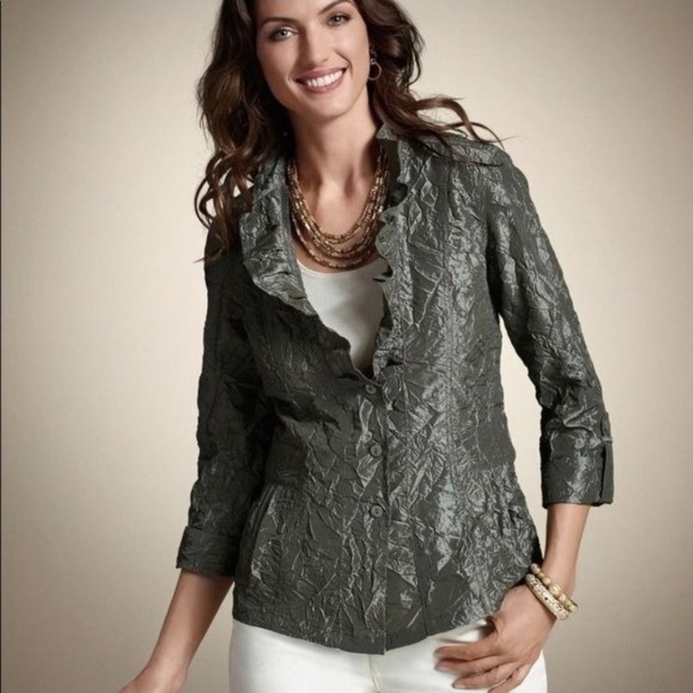 Chico's Metallic Gray Blazer CRINKLE SHEEN JOLEANA 3/4 JACKET EGQYPTIAN SAND NEW